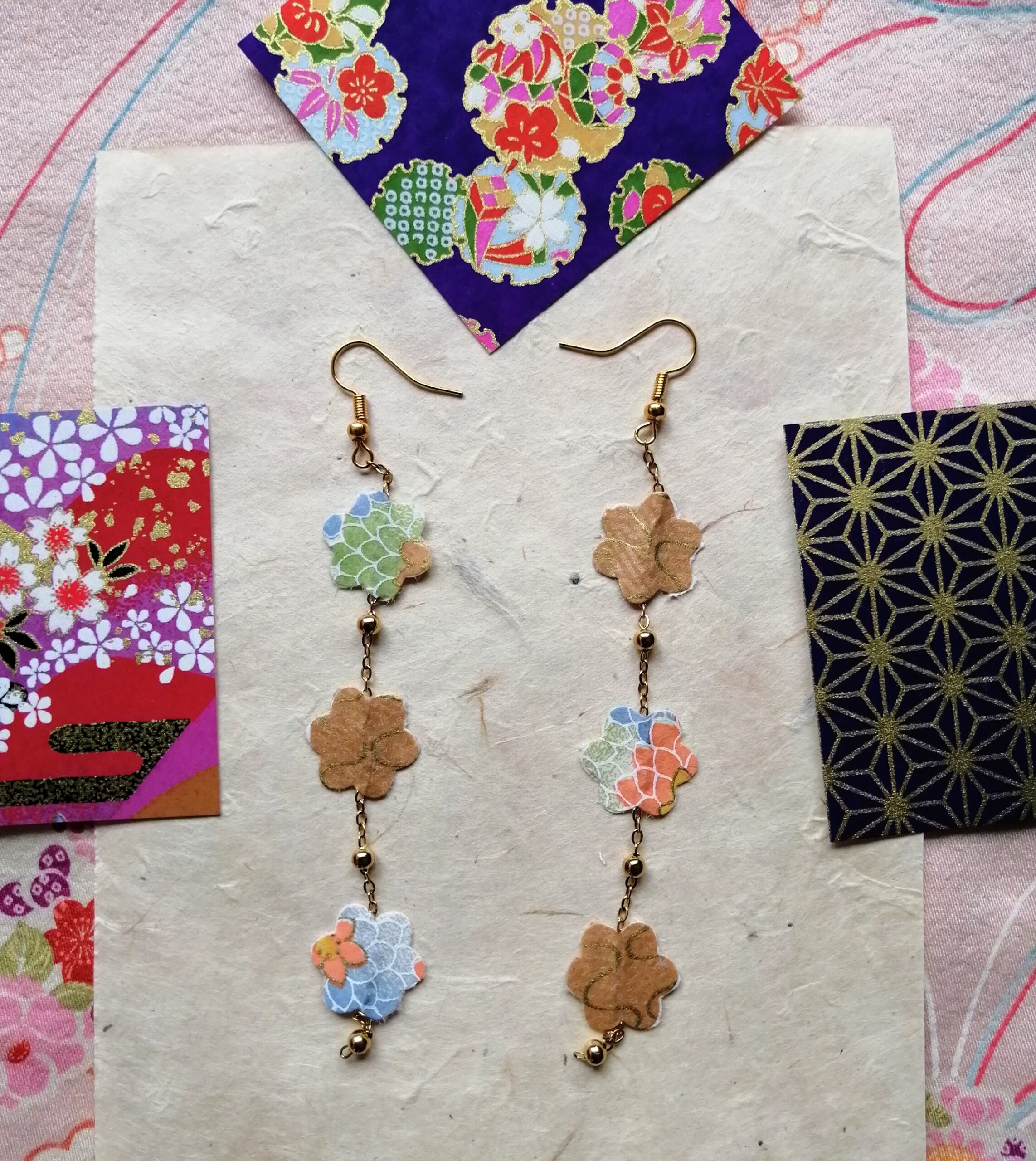 Sakura Petal Long Earrings – Yuzen Washi Paper Autumn Colors