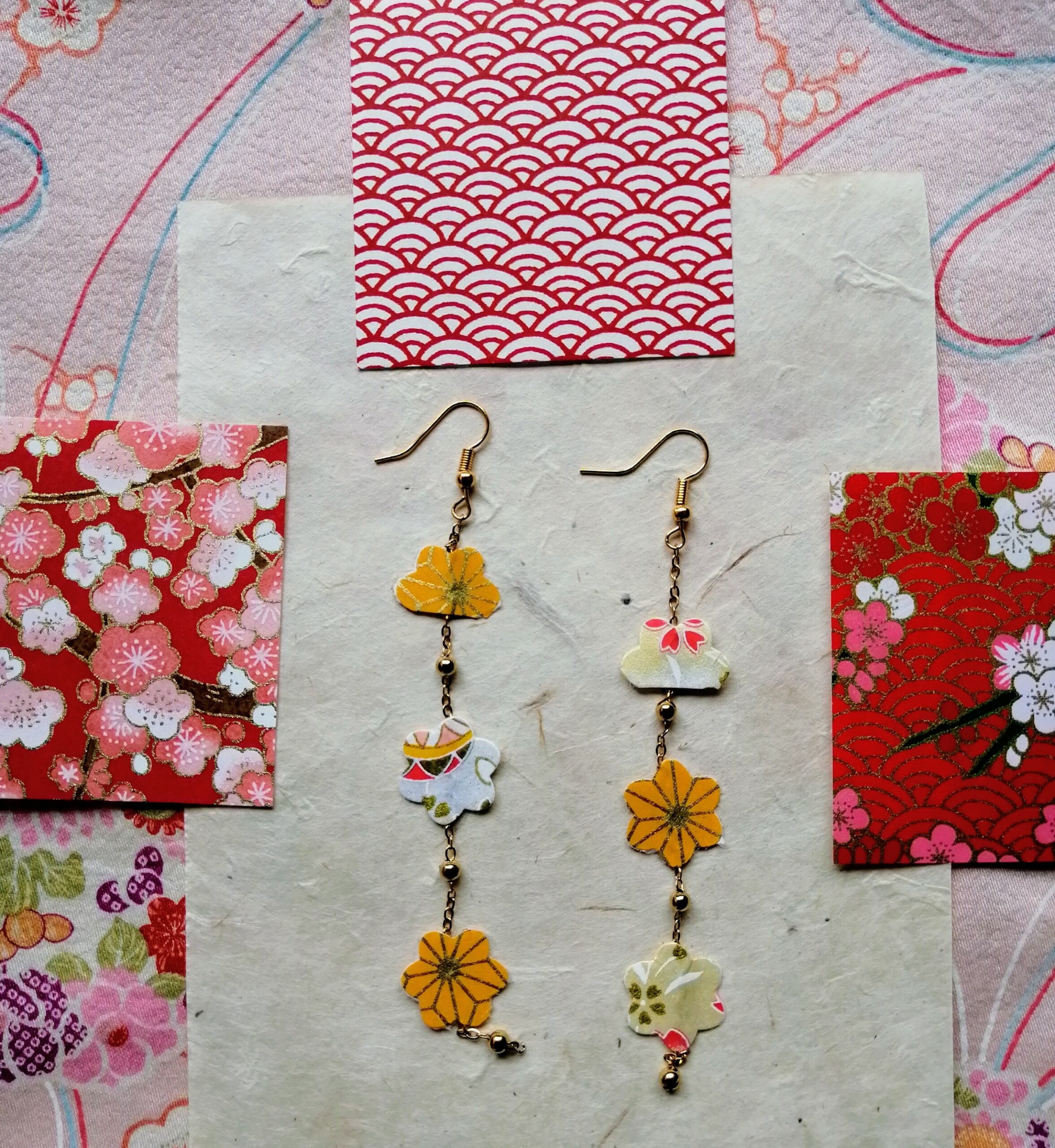 Sakura Petal Long Earrings – Yuzen Washi Paper Summer Colors