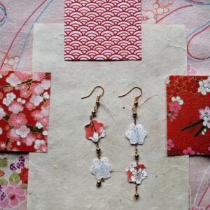 Sakura Petal Middle Long Earrings – Yuzen Washi Paper in Red and White tone