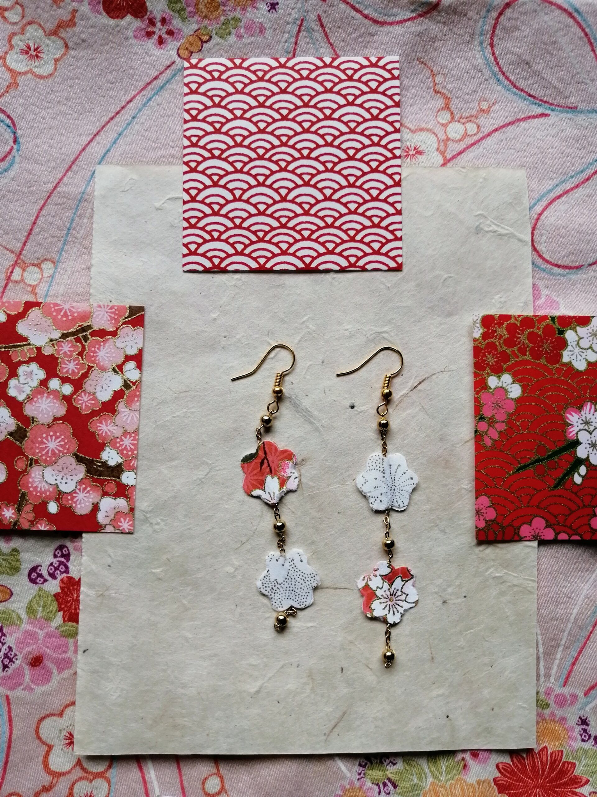 Sakura Petal Middle Long Earrings – Yuzen Washi Paper in Red and White tone