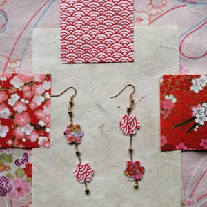 Sakura Petal Middle Long Earrings – Yuzen Washi Paper in Red tone