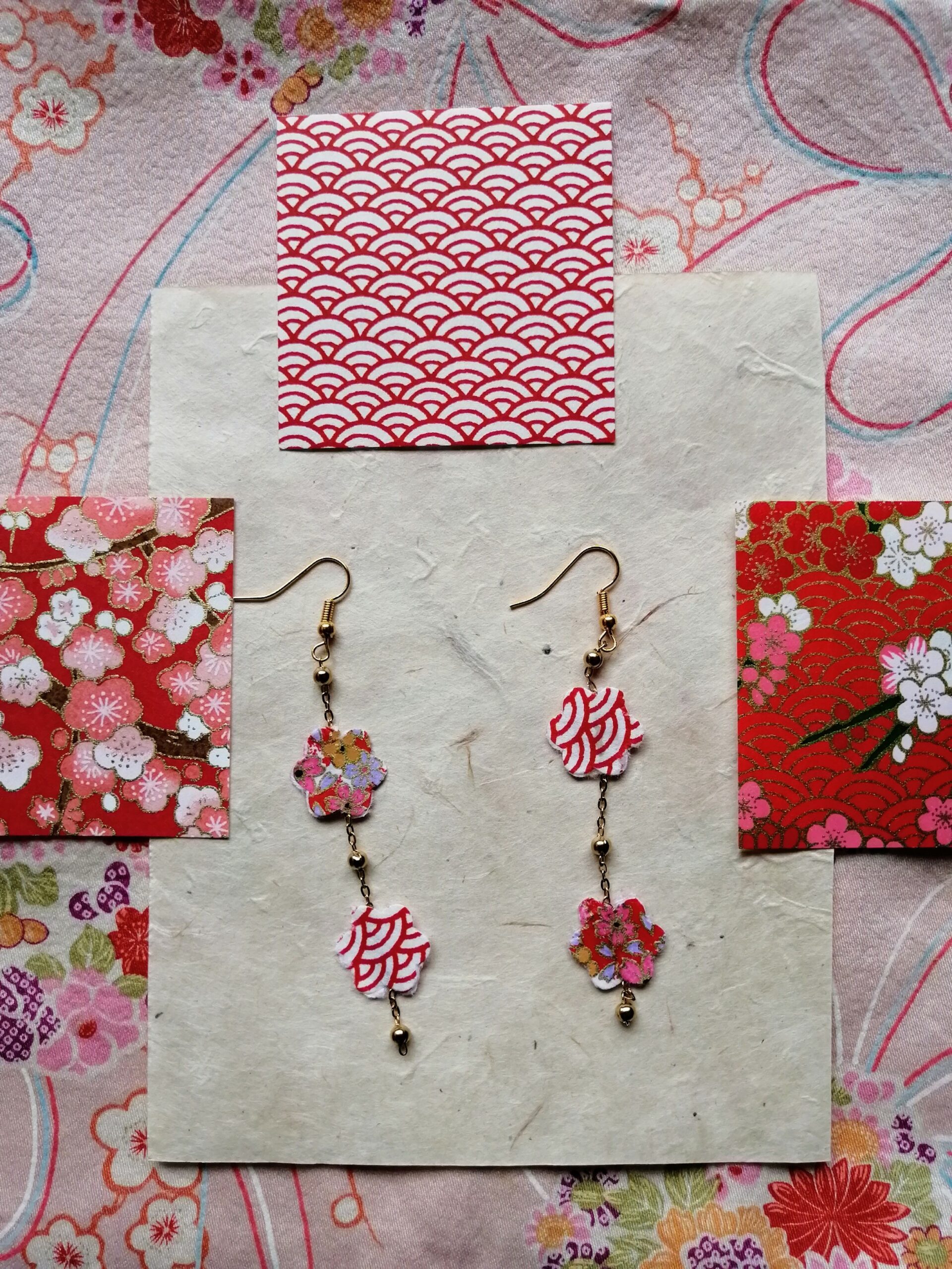 Sakura Petal Middle Long Earrings – Yuzen Washi Paper in Red tone
