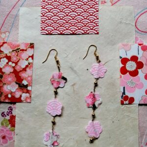 Sakura Petal Long Earrings – Yuzen Washi Paper Pink Flower Pattern