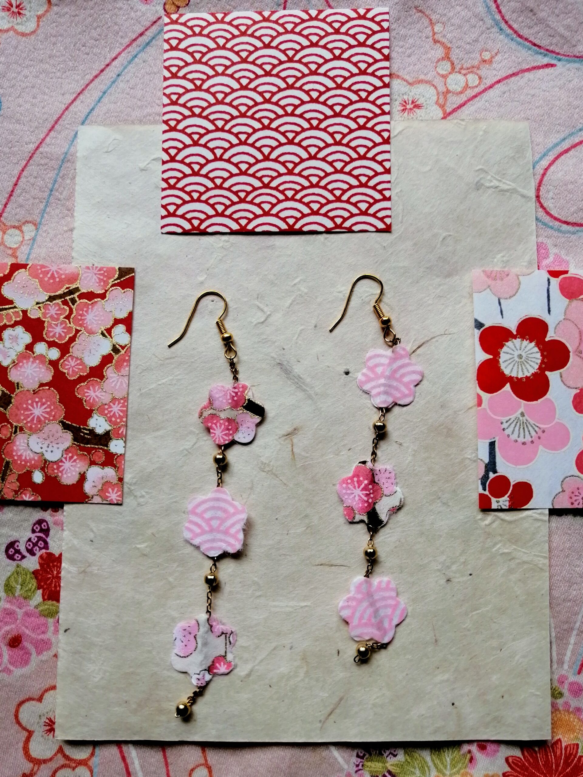 Sakura Petal Long Earrings – Yuzen Washi Paper Pink Flower Pattern