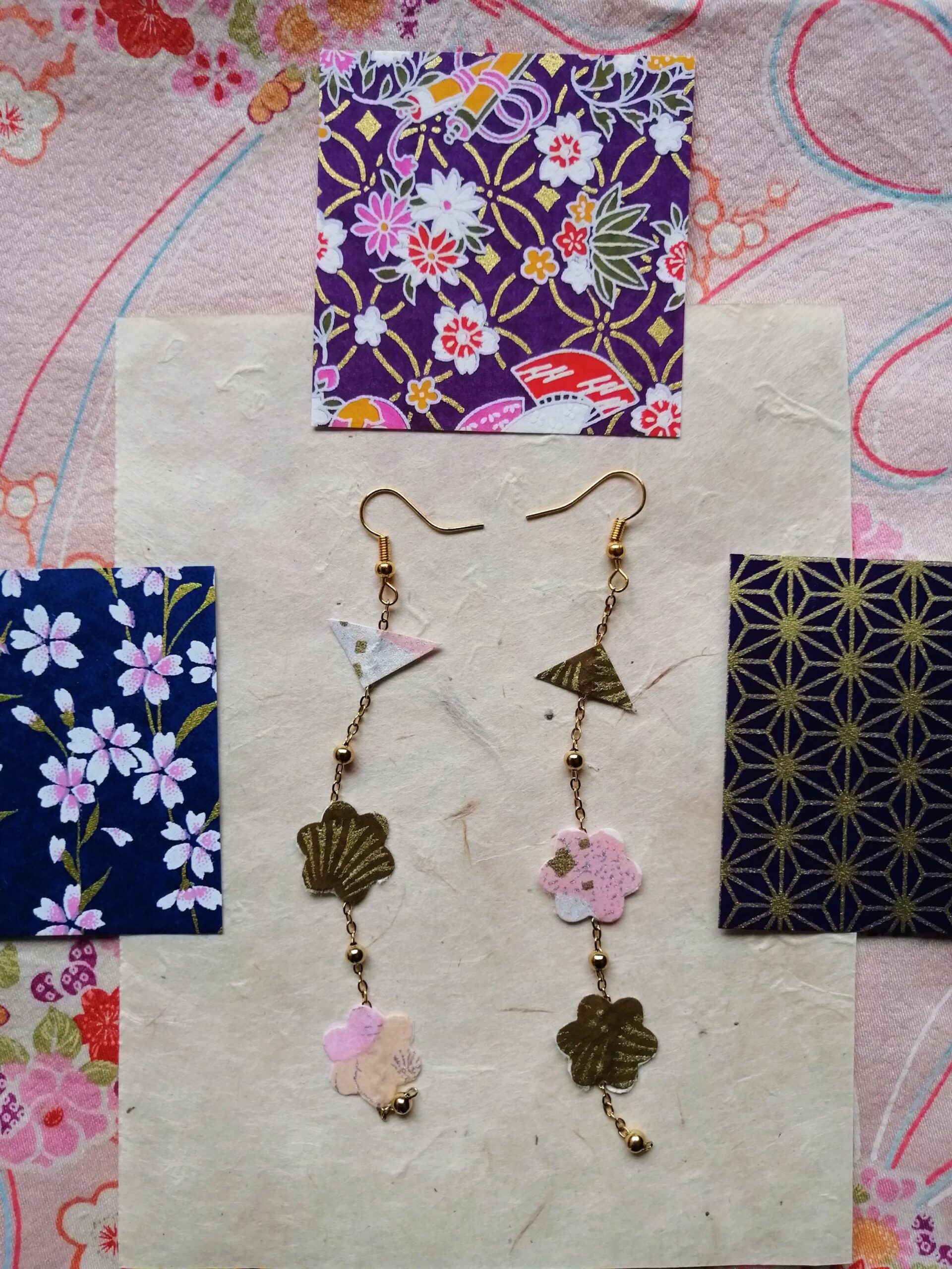 Sakura Petal Long Earrings – Yuzen Washi Paper Brown and Pink