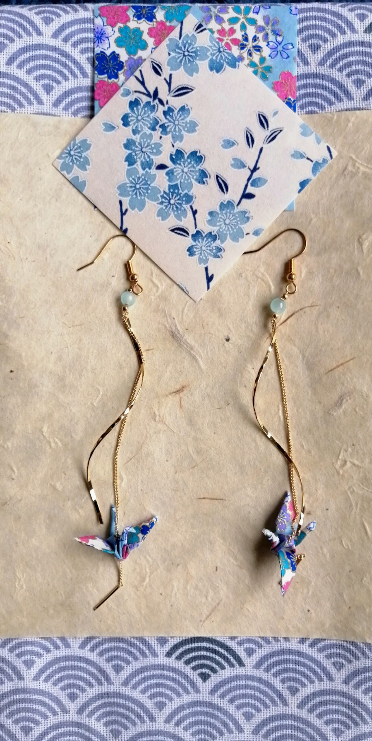 Tsuru Earrings – Origami Spiral Blue Colored Tiny Crane in Yuzen Washi Paper