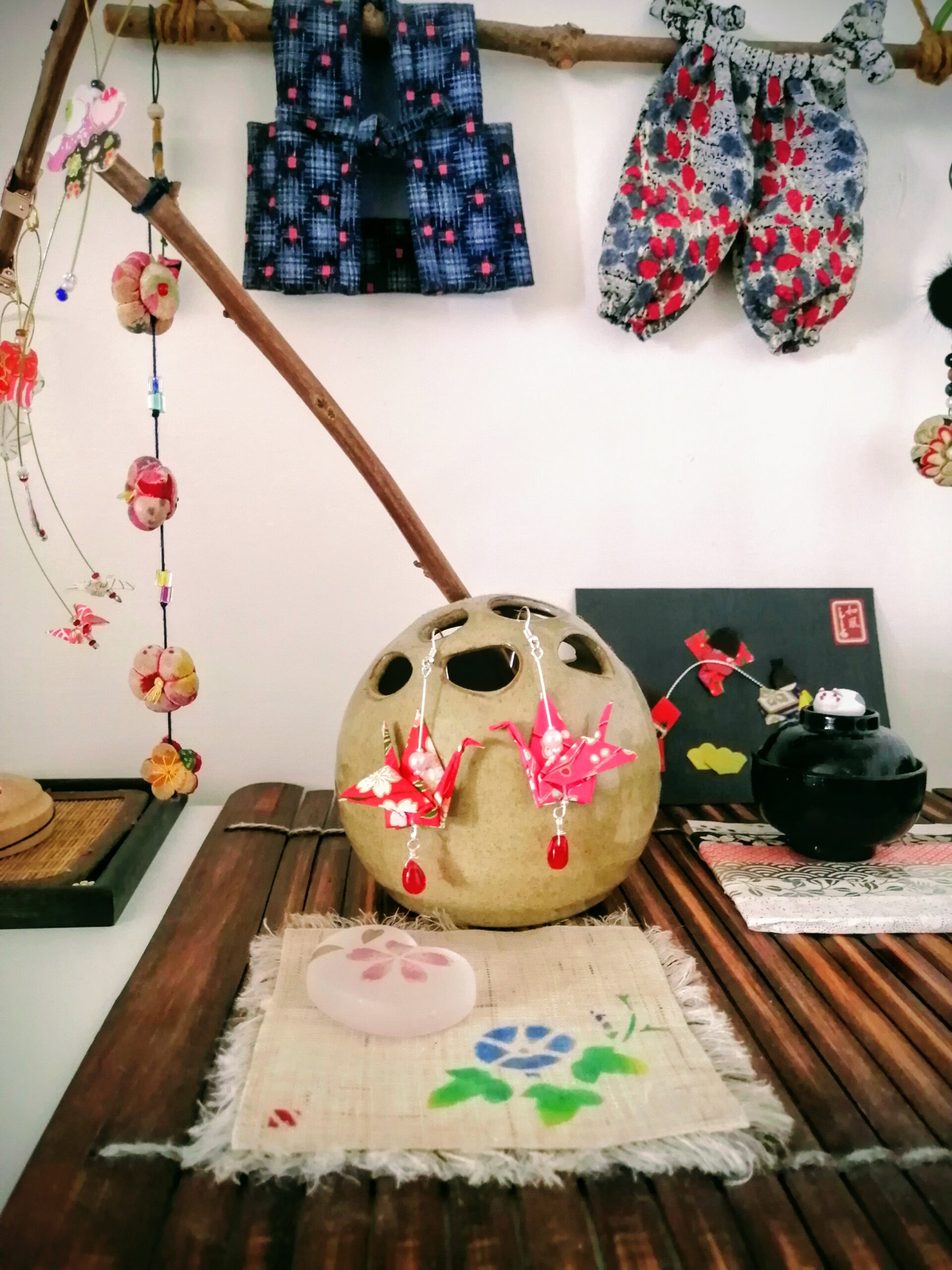 Tsuru Earrings Silver in Yuzen Washi paper - Red Flowers