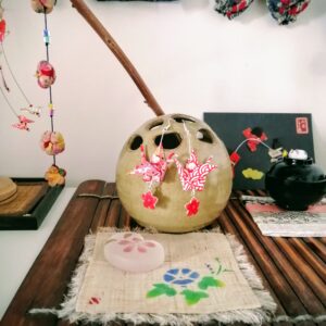 Tsuru Earrings Silver in Yuzen Washi paper -Red Flowers and Sakura pendant