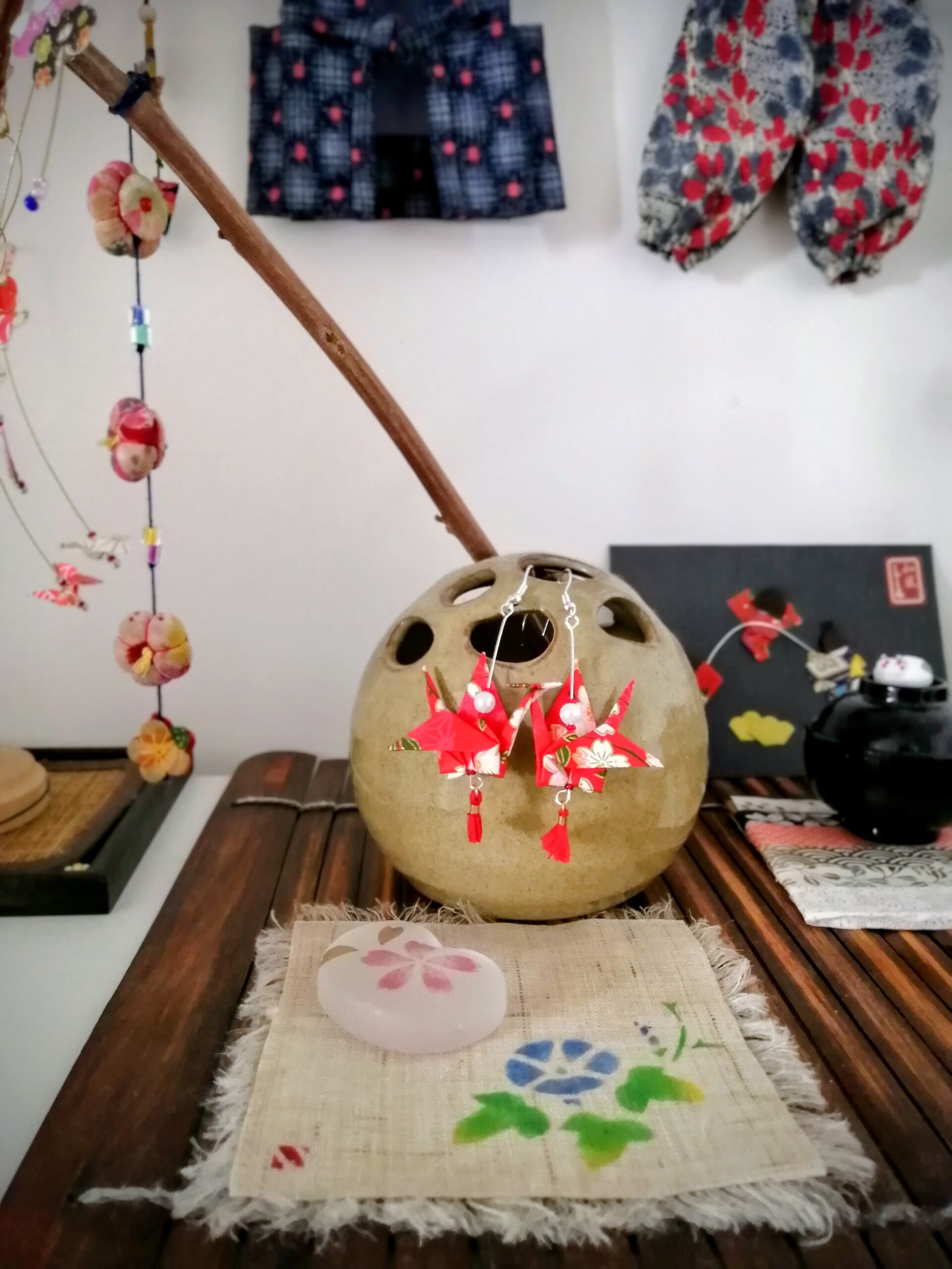 Tsuru Earrings Silver in Yuzen Washi paper - Red Flowers