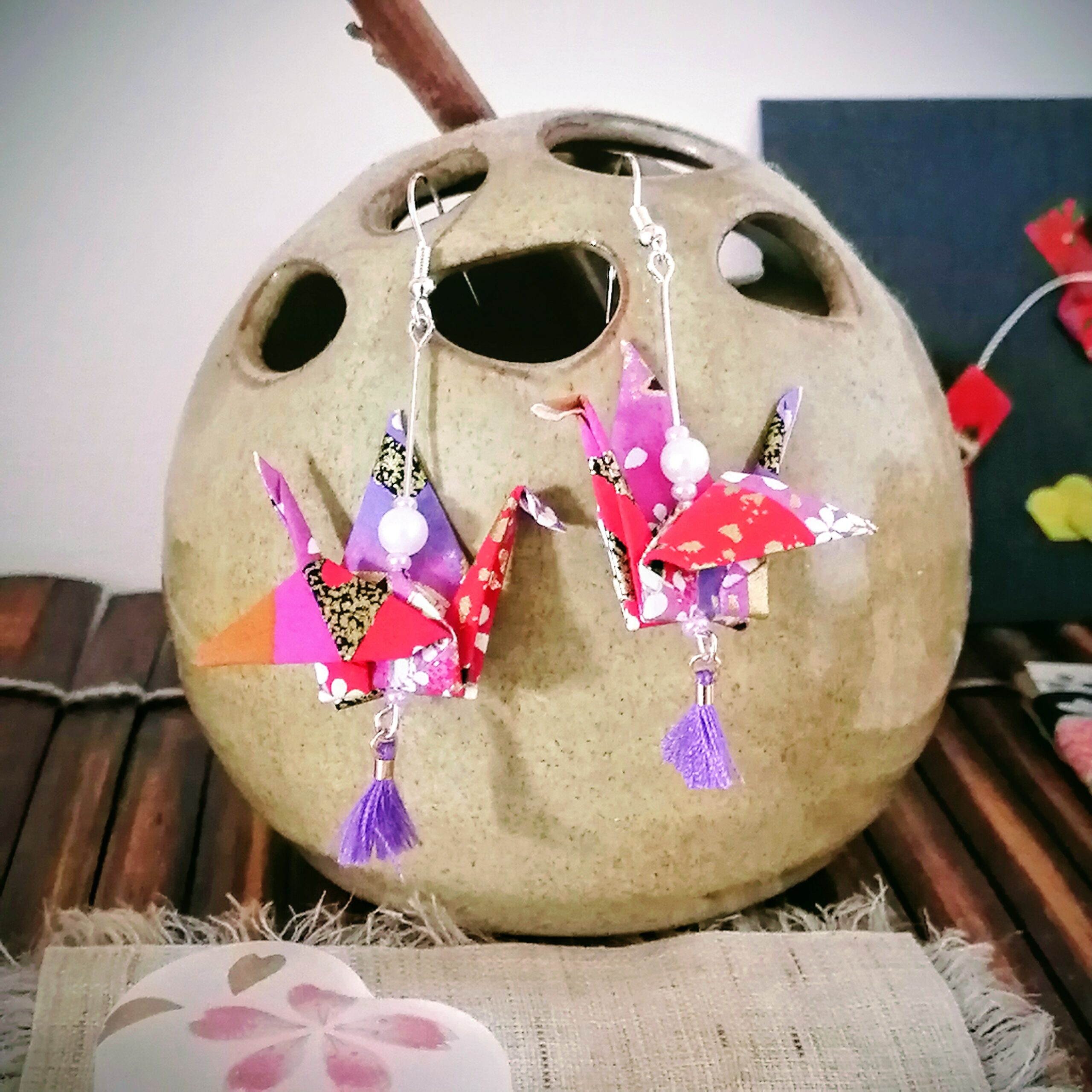 Tsuru Earrings Silver in Yuzen Washi paper - Red Purple tone