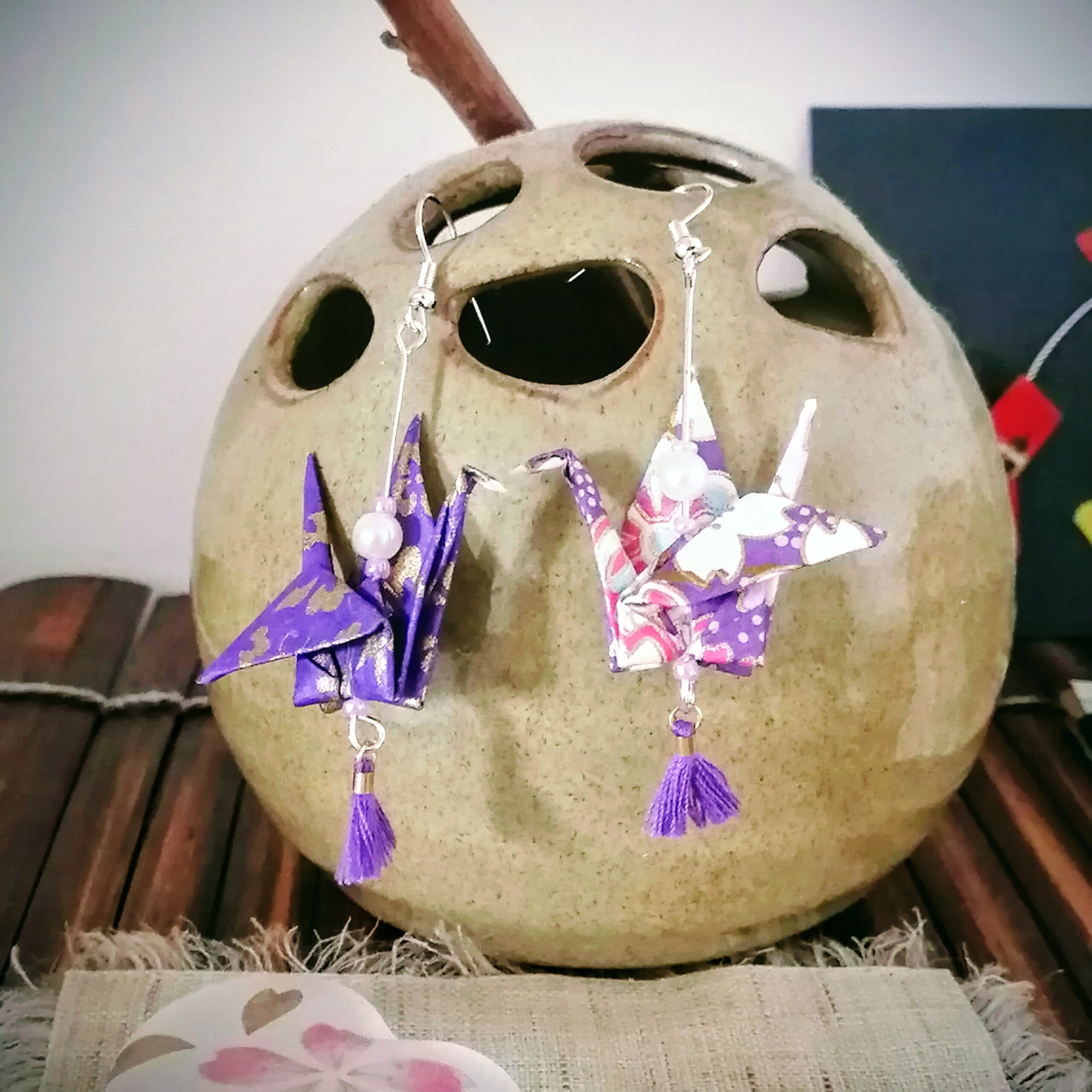 Tsuru Earrings Silver in Yuzen Washi paper - White and Purple tone