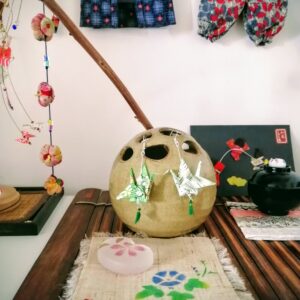 Tsuru Earrings Silver in Yuzen Washi paper - Green tone