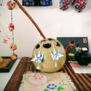 Tsuru Earrings Silver in Yuzen Washi paper - Blue Sky tone