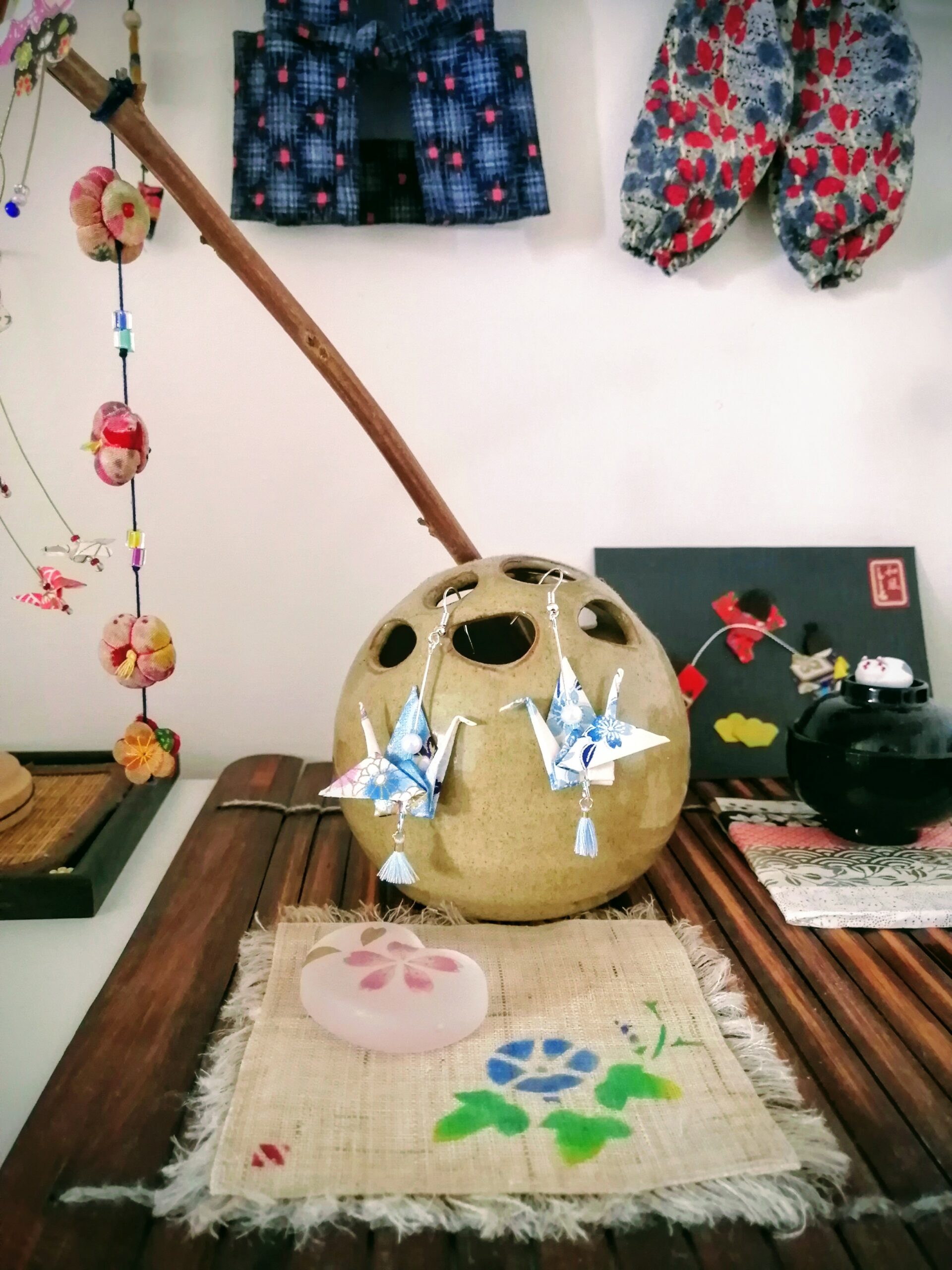 Tsuru Earrings Silver in Yuzen Washi paper - Blue Sky tone