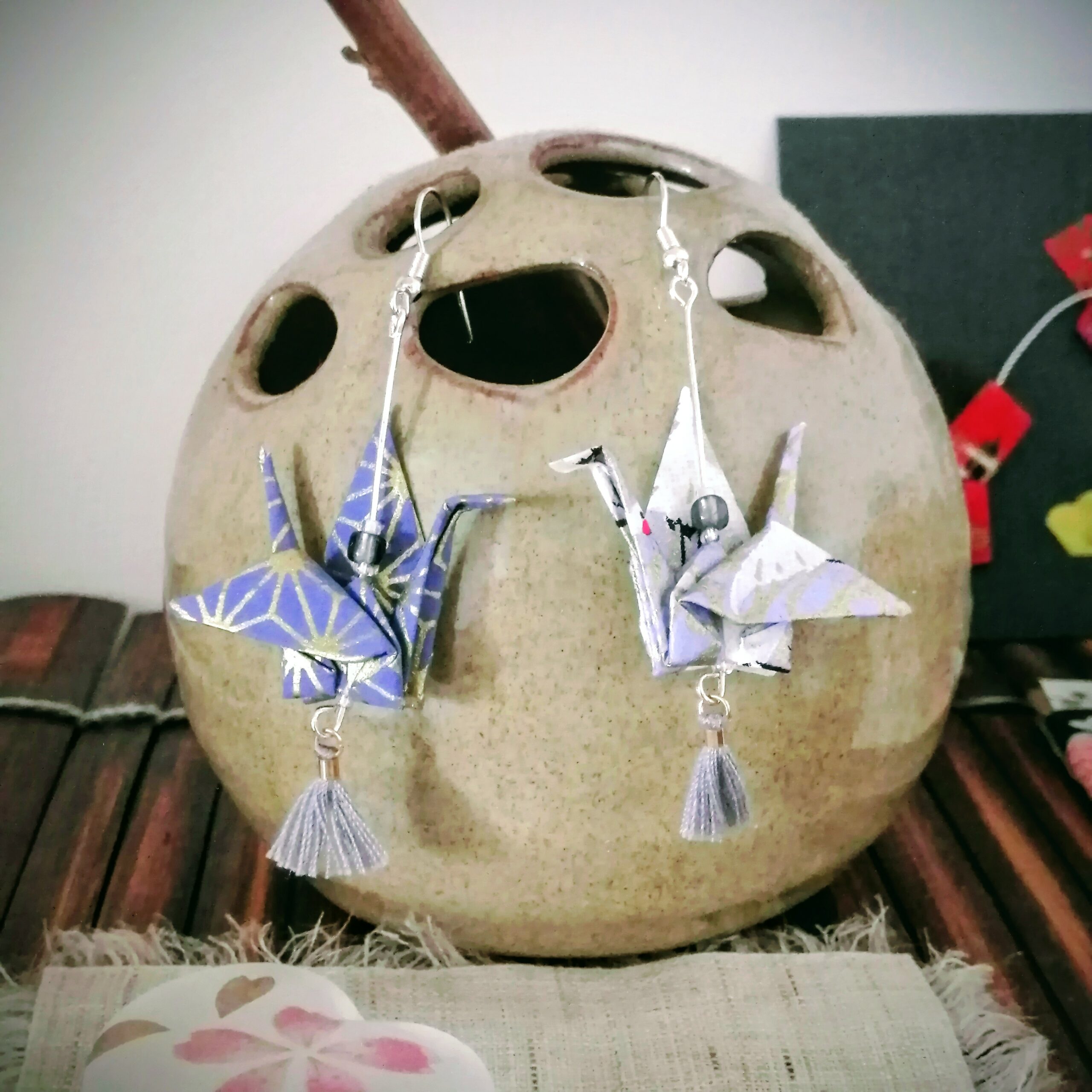 Tsuru Earrings Silver in Yuzen Washi paper - Blue tone