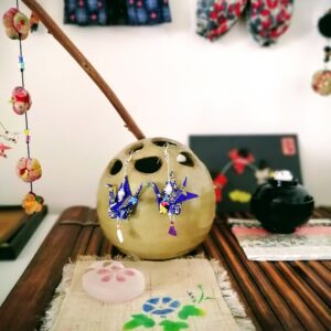 Tsuru Earrings Silver in Yuzen Washi paper - Blue tone