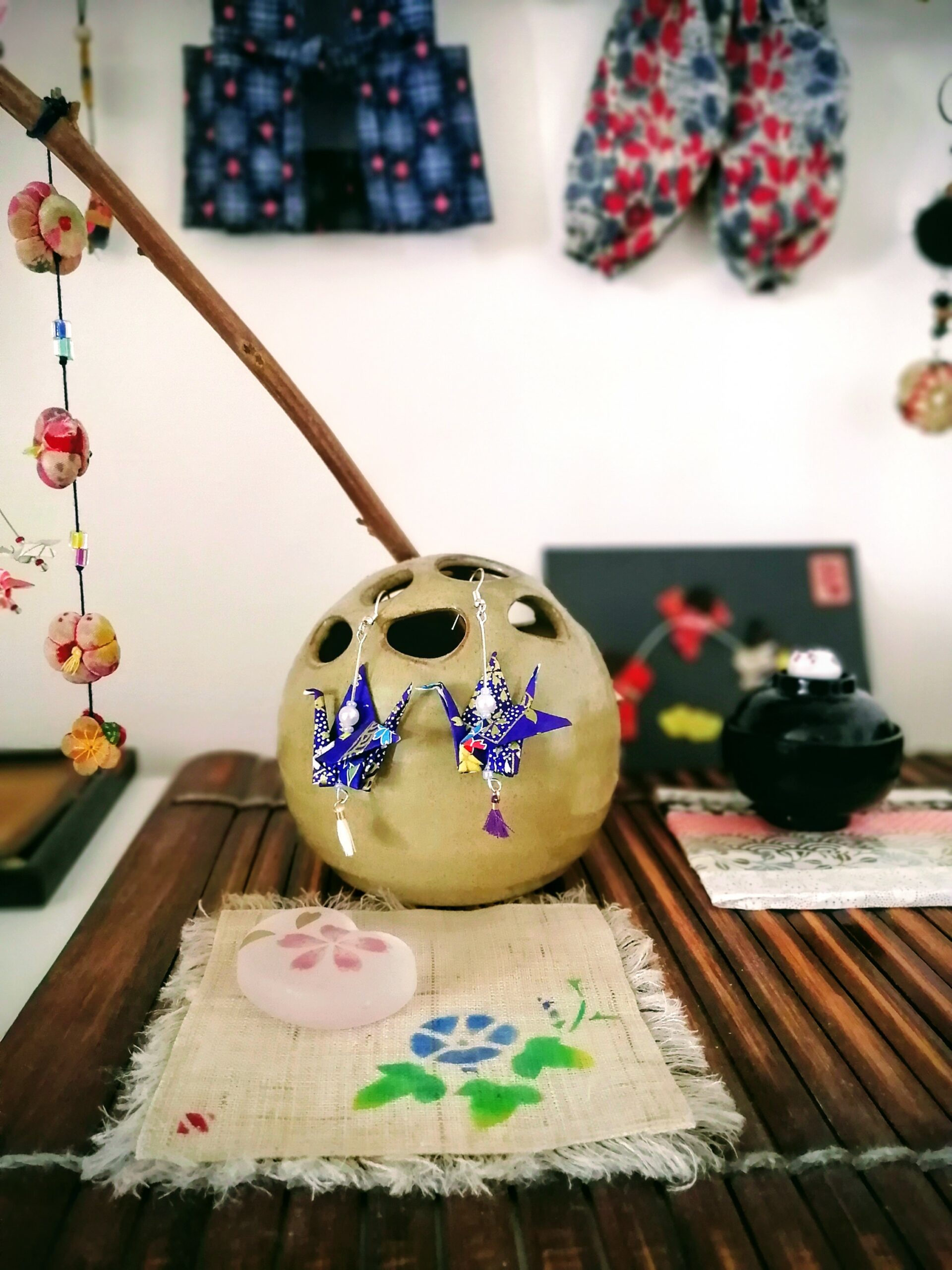 Tsuru Earrings Silver in Yuzen Washi paper - Blue tone