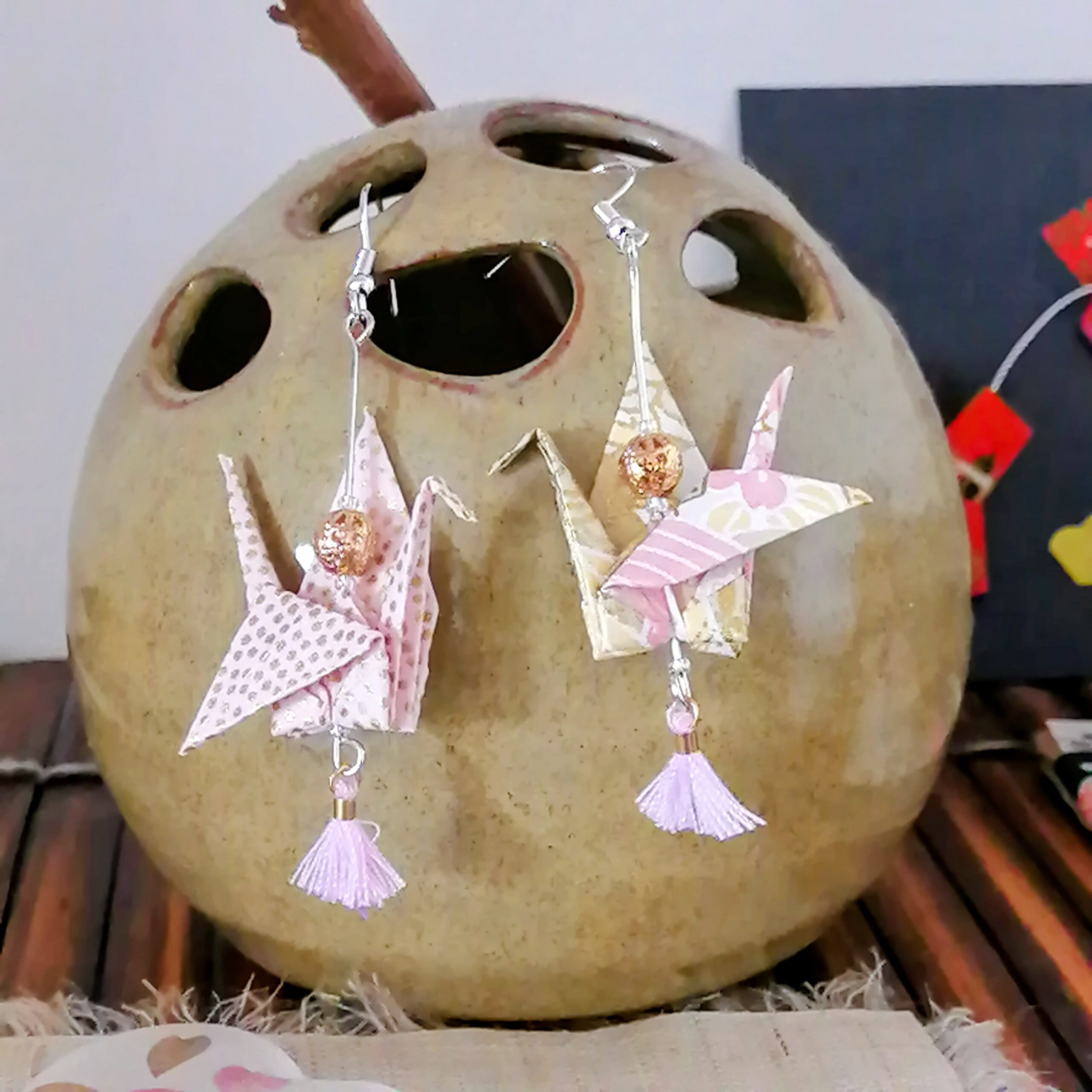 Tsuru Earrings Silver in Yuzen Washi paper - Pink Gold tone