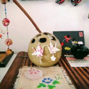 Tsuru Earrings Silver in Yuzen Washi paper - Pink with Sakura pendant