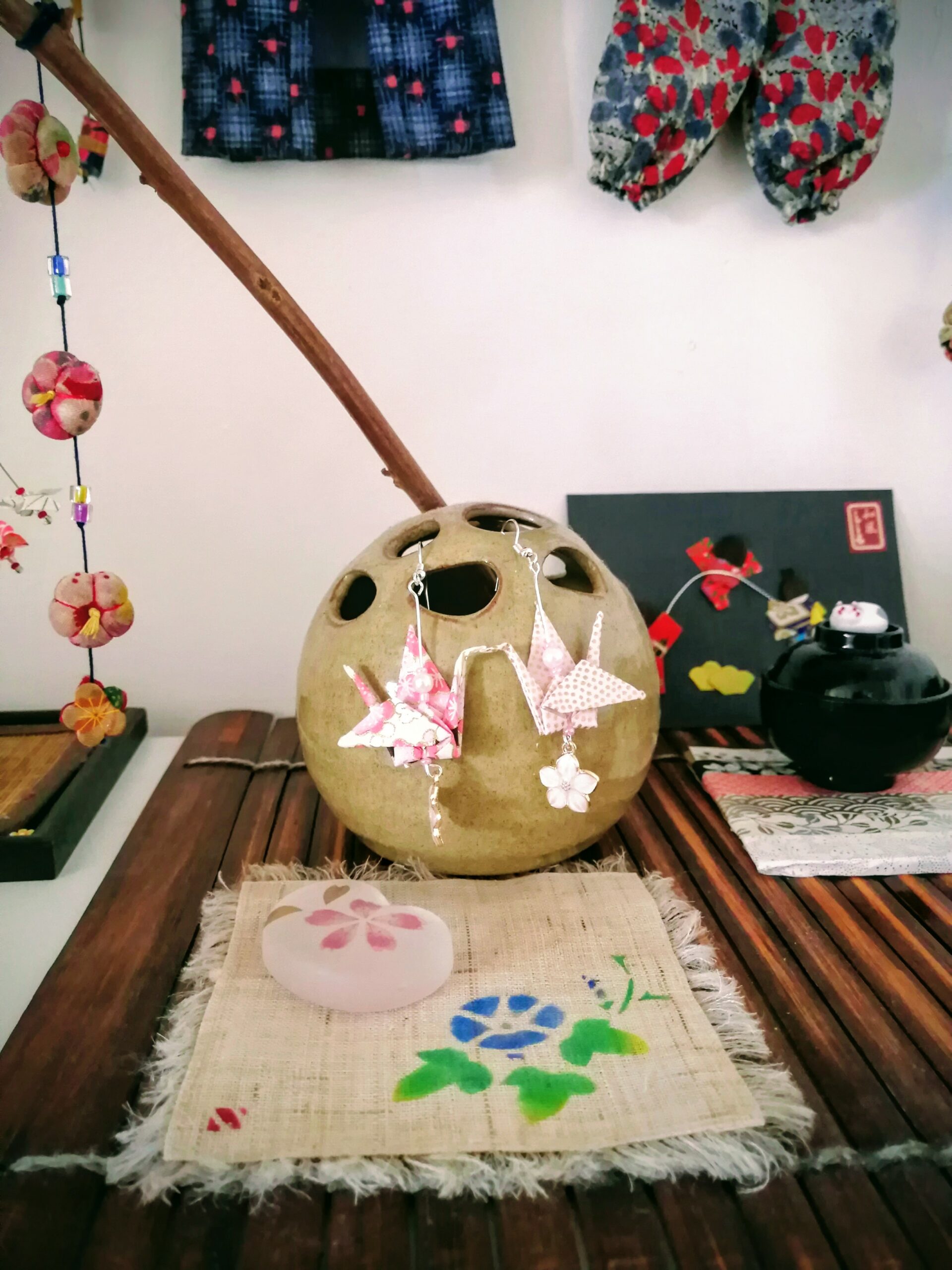 Tsuru Earrings Silver in Yuzen Washi paper - Pink with Sakura pendant