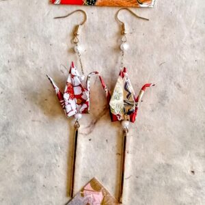 Tsuru Earrings in Yuzen Washi Paper - Red Gold