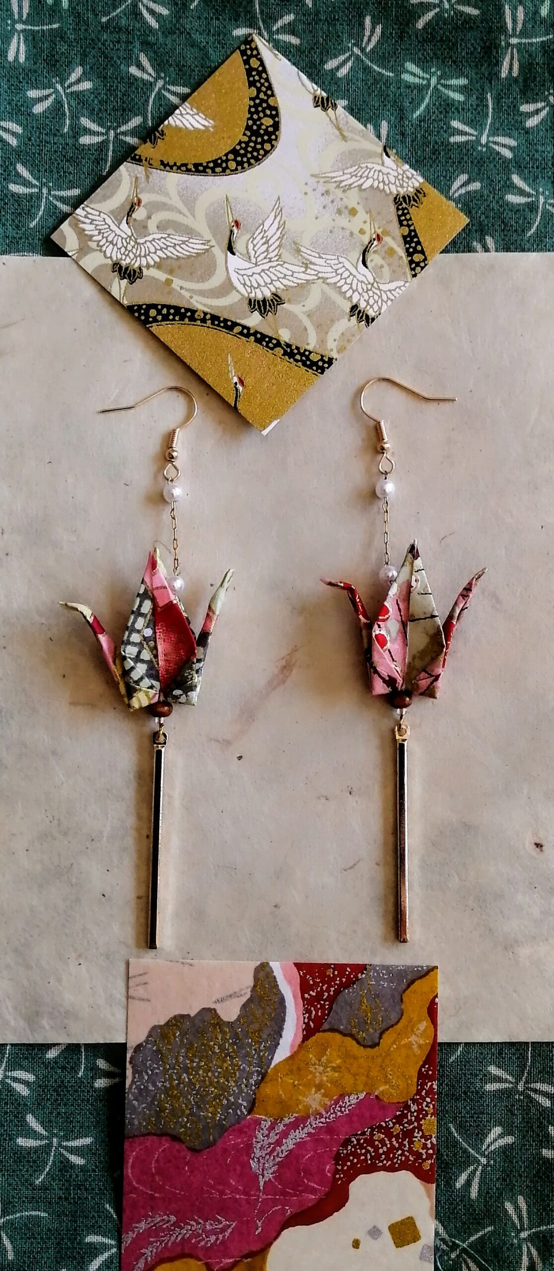 Tsuru Earrings in Yuzen Washi Paper - Dark Pink