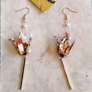 Tsuru Earrings in Yuzen Washi Paper - Autumn tone