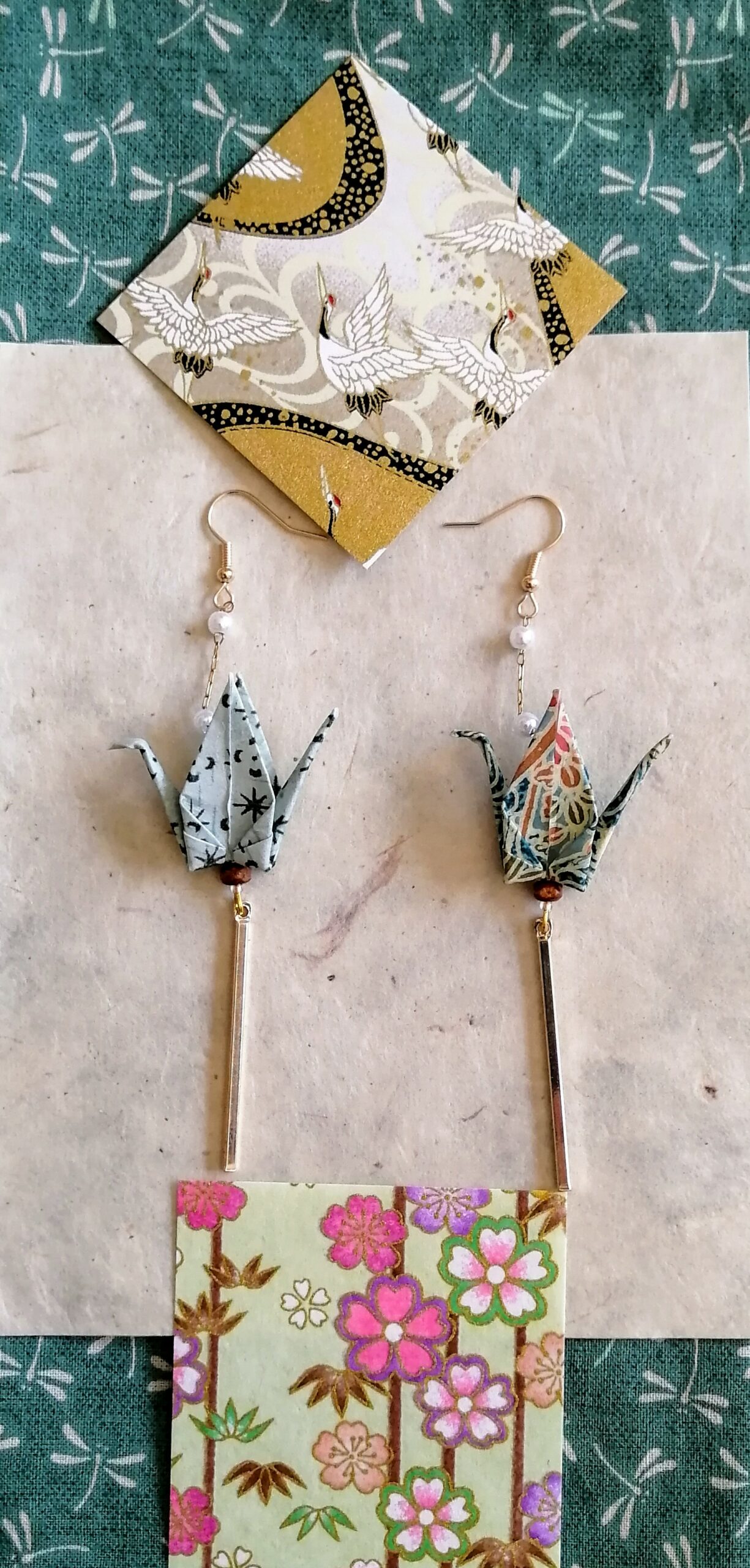 Tsuru Earrings in Yuzen Washi Paper