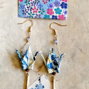 Tsuru Earrings in Yuzen Washi Paper - Blue Ocean