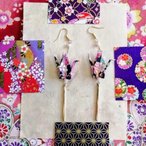 Tsuru Earrings in Yuzen Washi Paper - Blue flowers