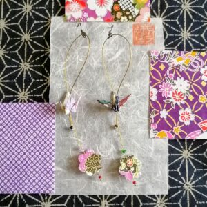 Tsuru with Sakura Earrings with Black Hook- Yuzen Washi