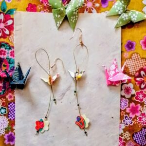 Tsuru with Sakura Summer tone Earrings - Yuzen Washi