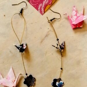 Tsuru with Sakura blue tone Earrings with Black Hook- Yuzen Washi